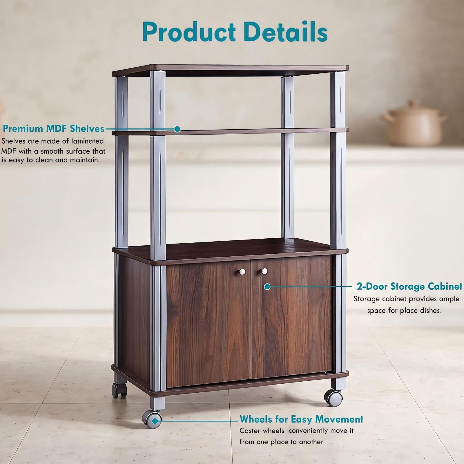 RUIE 3-Tier Microwave Stand with 2-Door Cabinet, Rolling Kitchen Storage Cart for Dining Room, Walnut