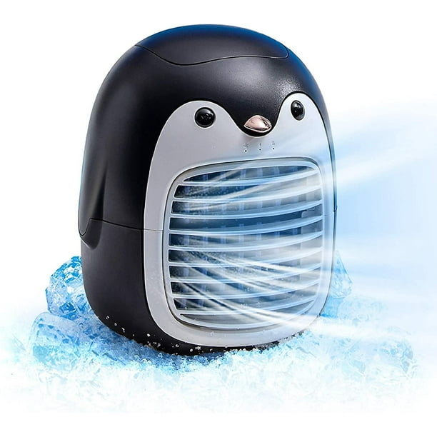 Lindo pingüino ventilador de aire acondicionado portátil, enfriador de aire inalámbrico USB recargable, espacio personal mini evaporativo, humidificador silencioso de 3 velocidades Misting Fa