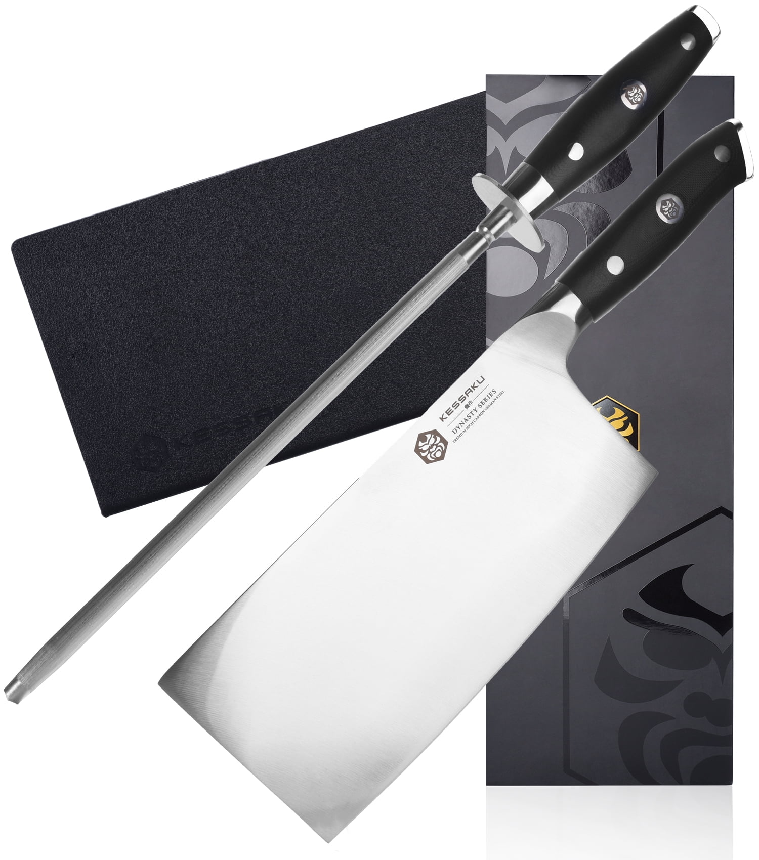 Kessaku 7Inch Cleaver Butcher Knife & 10Inch Sharpening Honing Rod