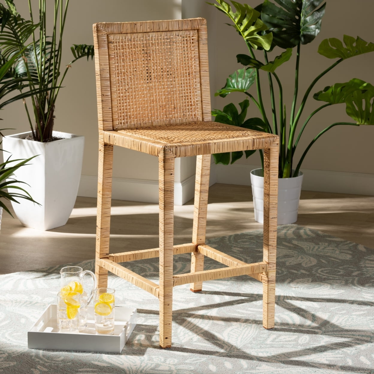 Baxton Studio Sofia Modern and Contemporary Natural Finished Wood and Rattan Counter Stool