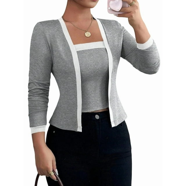 Women'S Contrast Colorblock Cardigan Vest Two-Piece Set Long Sleeve Cropped Cardigan Striped Shawl Grey L