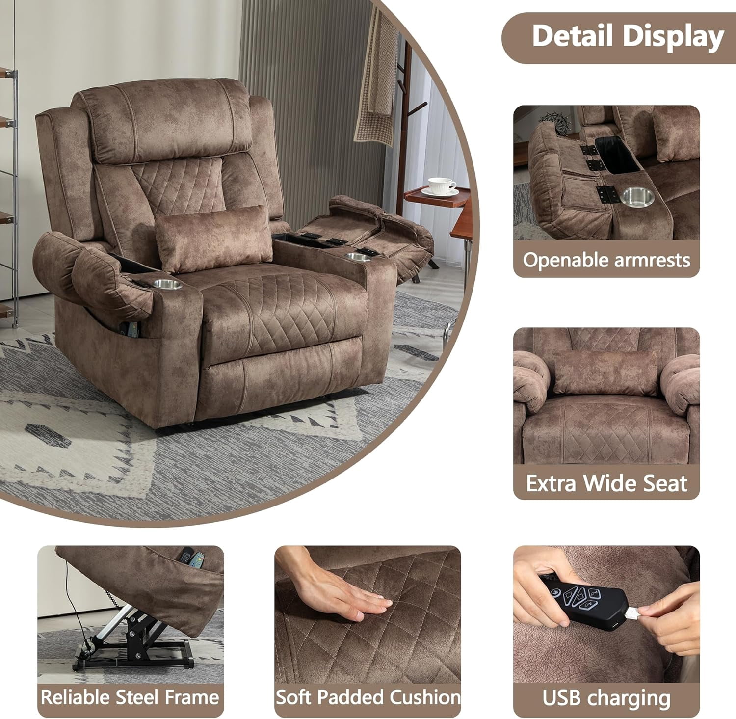 Big Man Power Lay Flat Lift Chair Oversized Recliner Dual Motor Heat Vibration for Elderly, Overstuffed Electric Extra Wide Recliners with Flip Arm Storage Cup Holders,USB Type C Charging