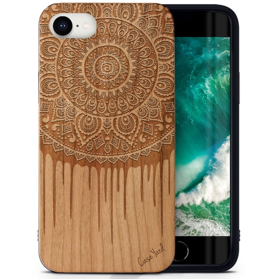 Case Yard Wooden Case Outside Soft TPU Silicone, Slim Fit Shockproof Wood Protective Phone Cover for Girls Boys Men and Women, Supports Wireless Charging Dripping Mandala Design case for iPhone-SE