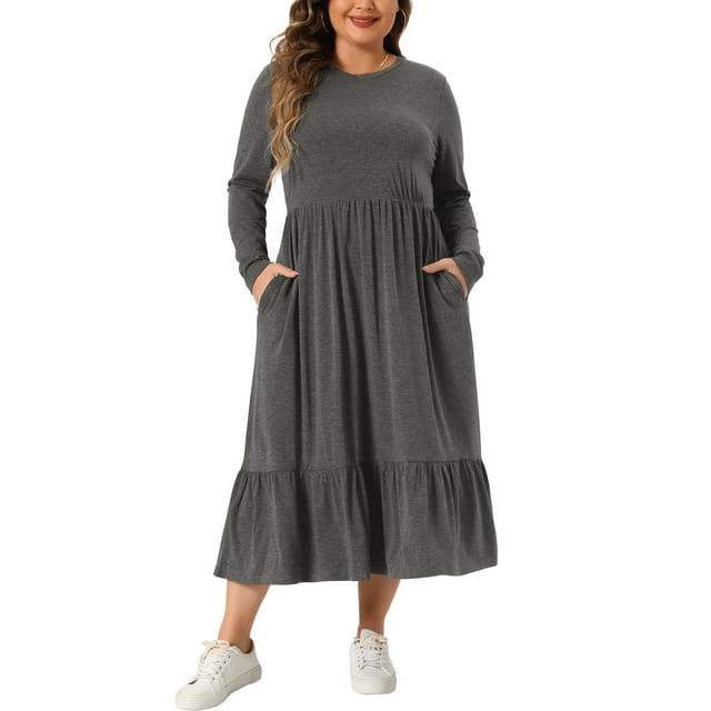 Vestido de Pascua de Talla Grande para Mujeres Agnes Orinda, Manga Larga, Corto en A con Bolsillos 3X Gris