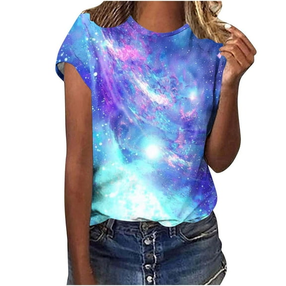 Women's T-shirts 2025 New Starry Sky Print Shirts Summer Short Sleeve Top Casual Round Neck Blouses Loose Pullover Tops Style 01 XXL