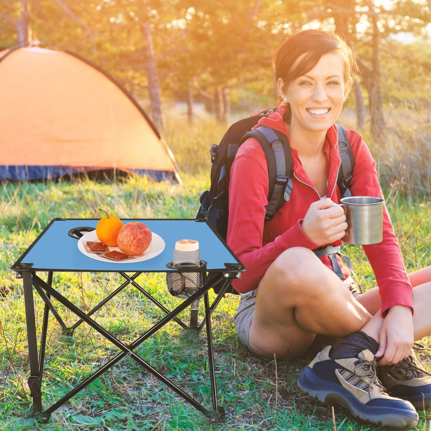 Foldable Camping Table Portable Picnic Table Lightweight Travel Desk with 2 Cup Holders Carrying Bag