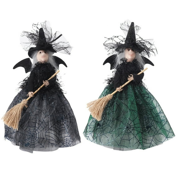 HUONA Horror Halloween Witch Doll with Broom for Halloween Party Home Bedroom Desktop Decoration