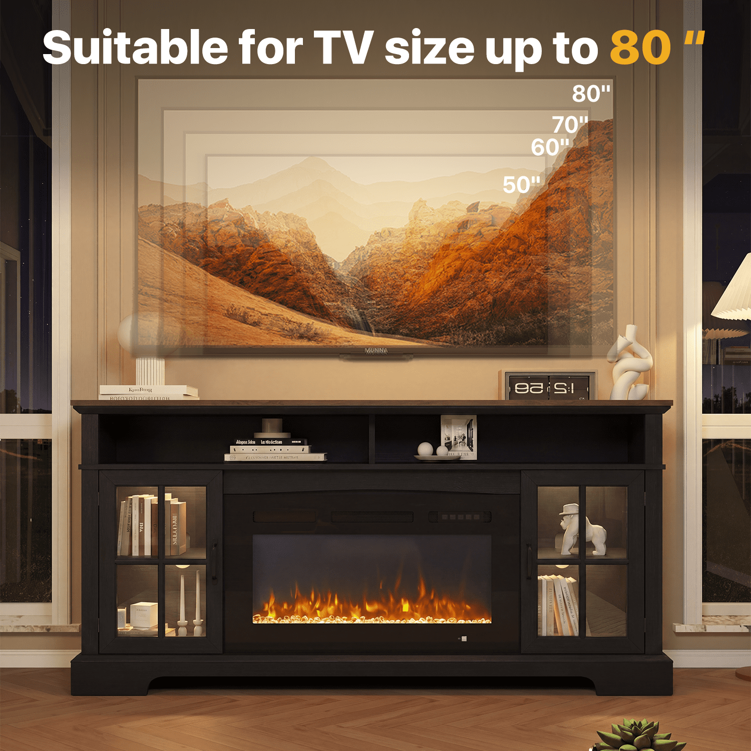 Sonegra Fireplace TV Stand with Glass Door for TVs up to 80", 70" Entertainment Center with Fireplace, Media Console for Living Room, Black