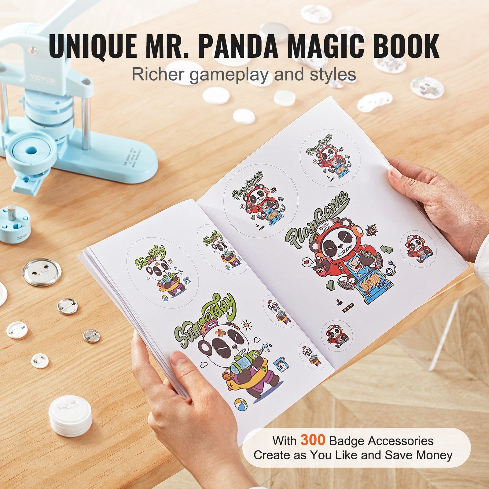 3 in 1 Button Maker Machine 1 1.25 2.28 Inch 25 32 58mm Pin Maker with 300pcs Button Parts Panda Magic Book Ergonomic Arc Handle Punch Press Kit for Children DIY Gifts Blue