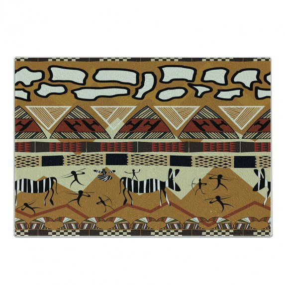 Ethnic Cutting Board, Style Hunting Zebra Illustration Prehistoric Tribe Life Theme Print, Decorative Tempered Glass Cutting and Serving Board, Small Size, Ruby Mustard, by Ambesonne