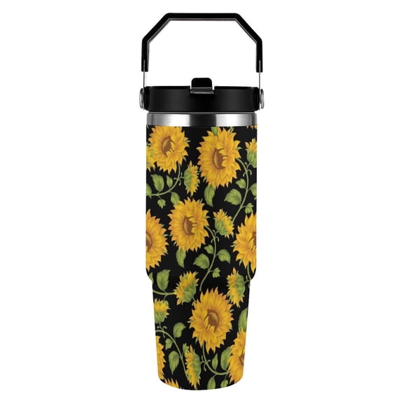 sunflower Green Leaves Black Printing 30 oz Stainless Steel Tumbler with Handle, Insulated Travel Coffee Mugs Cup Gifts for Men Women Kids