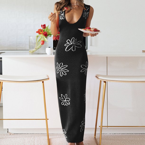 Vestido Ceñido Al Cuerpo Patrón floral Vestido básico de ganchillo Sin mangas Traje diario para mujer (Negro L) Cgtredaw Para estrenar