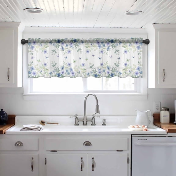 Leaf Butterfly Valance Curtains for Kitchen/Living Room/Bathroom/Bedroom Window, Watercolor Sage Green Purple Floral Rod Pocket Small Topper Half Short Window Curtains Voile Sheer Scarf 54"x18"