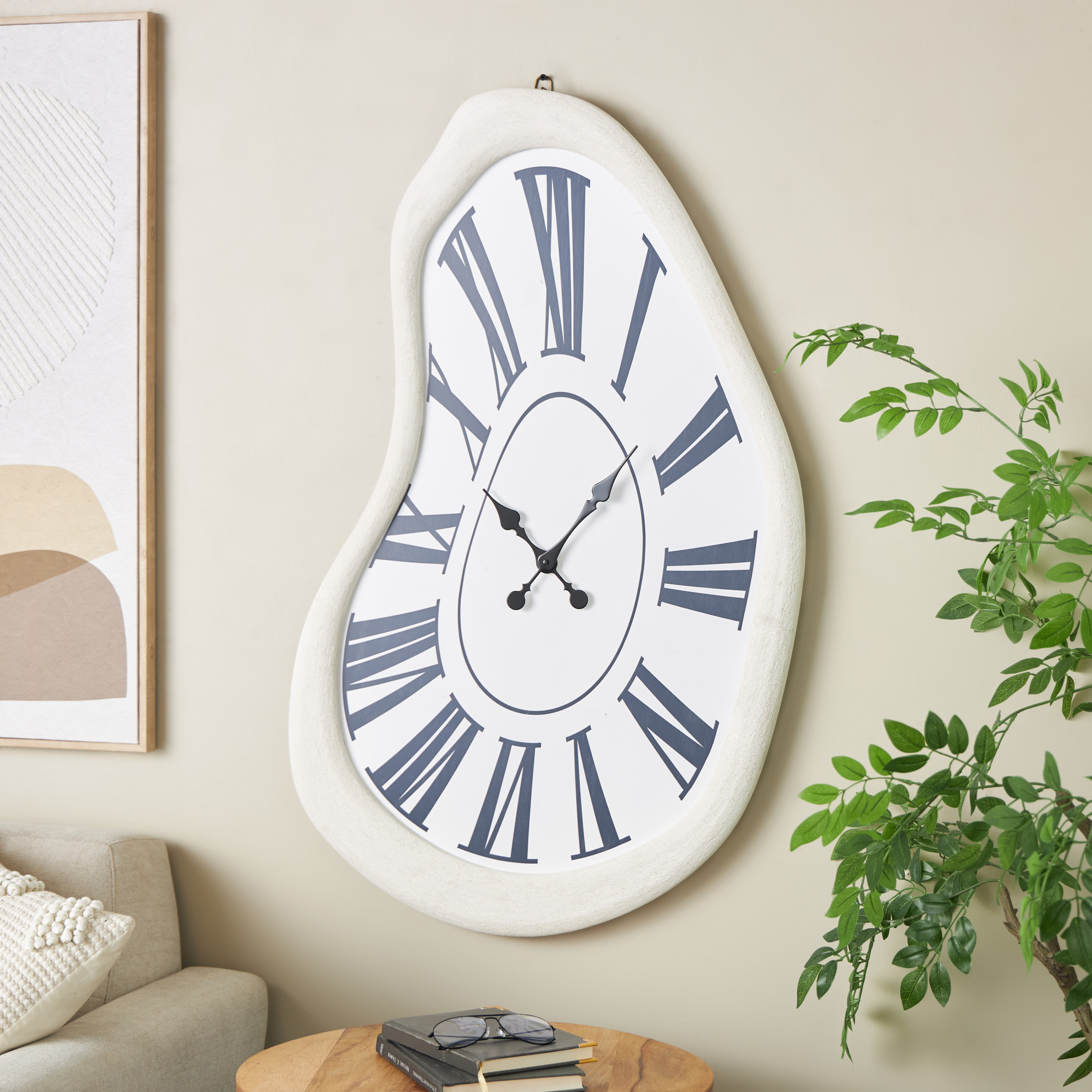 DecMode 24" x 40" White Wooden Abstract Wavy Wall Clock with Roman Numerals