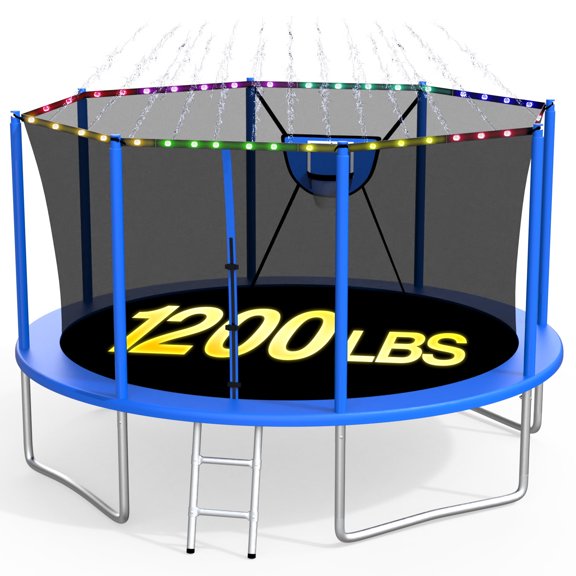 XMIKA Trampoline, 1200LBS 12FT Trampolines for Kids Adults, Trampoline with Safety Enclosure Net, Outdoor Backyard Trampolines with Basketball Hoop, LED Light, Sprinkler and Ladder, Heavy-Duty