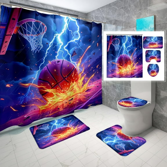Basketball Shower Curtain Set 4PCS - Sports Themed Basketball, Soccer, Baseball, Football Shower Curtain for Boys Bathroom Shower Curtain Set with Rug, Toilet Cover and Bath Mat, 12 Hook