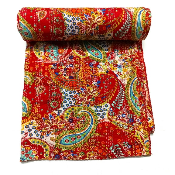 Vinsan International Indian Handmade Cotton Red Kantha Quilt Tribal Bed Cover Bedspread Blanket Picnic Throw Coverlet Reverisble Bed Throw Queen Size 90' x 108'