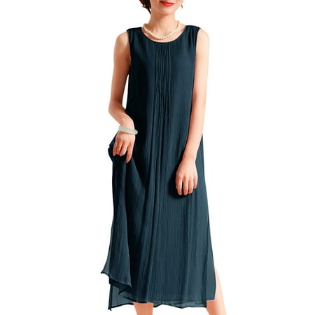 dress lined sleeveless maxi loose split neck casual round side summer