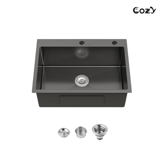 Stainless Steel Kitchen Sink, 27″x19″ Single Bowl, Overmount Handmade Sink in Black, with US Standard Drain and Hook, SS-BL02D-271908-2