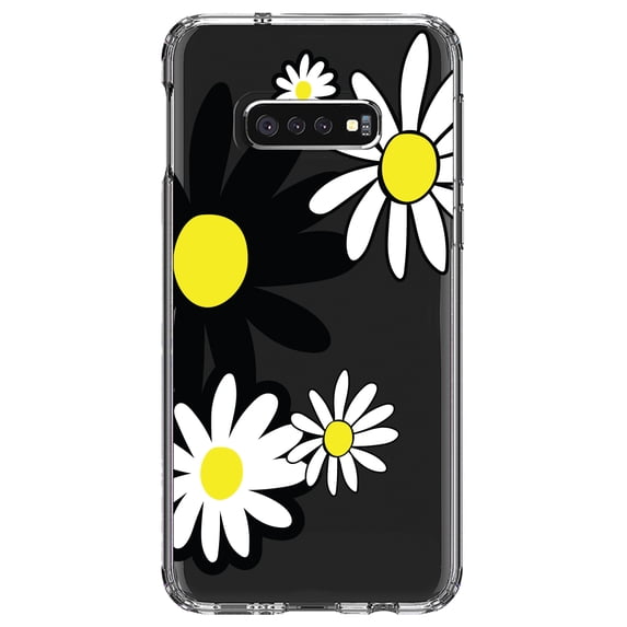DistinctInk Clear Shockproof Hybrid Case for Samsung Galaxy S10e (5.8" Screen) - TPU Bumper Acrylic Back Tempered Glass Screen Protector - Black & Yellow Modern Daisies