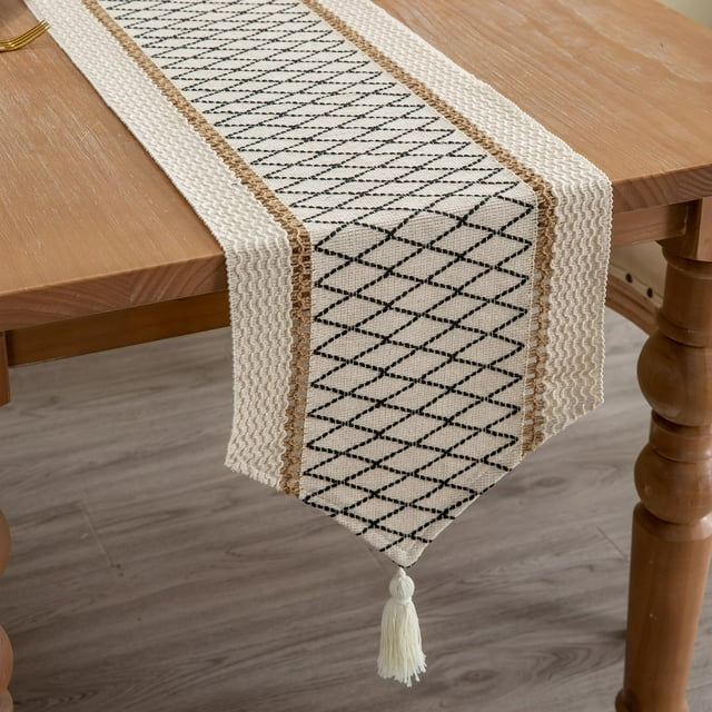 Estilo bohemio con borlas, algodón y lino, decoración del hogar de la granja para bufandas de tocador de sala de estar (12.0 x 72.0 in, negro y beige)