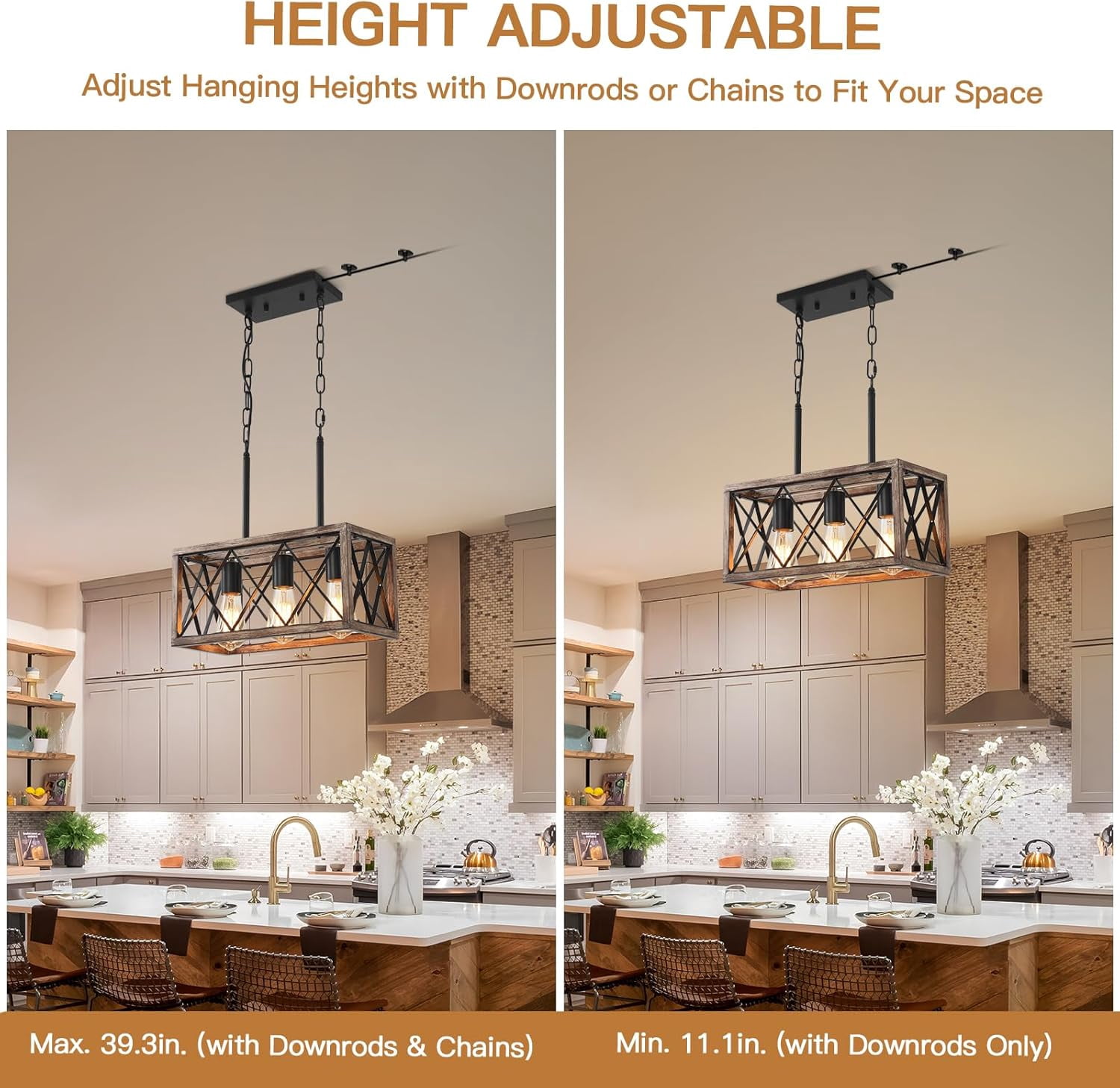 KEESFU 3-Light Farmhouse Pendant Light with Plug-in Cord, Rustic Wood Ceiling Fixture for Kitchen, Dining Room, Living Room