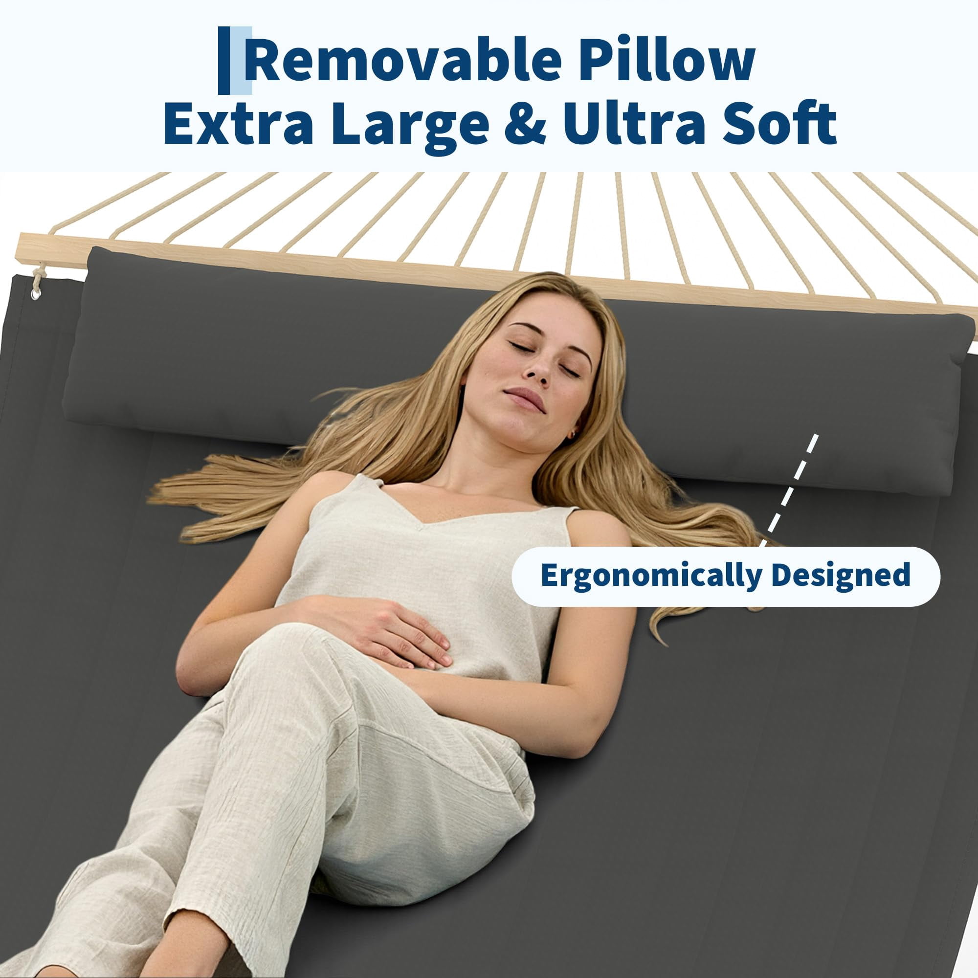 Large Quilted Fabric Hammock for 2 Person, Heavy Duty Hammock with Hardwood Spreader Bars, Detachable Pillow, Support up to 450 LBS, Weather-Resistant, for Patio, Backyard, Pool, Dark Gray