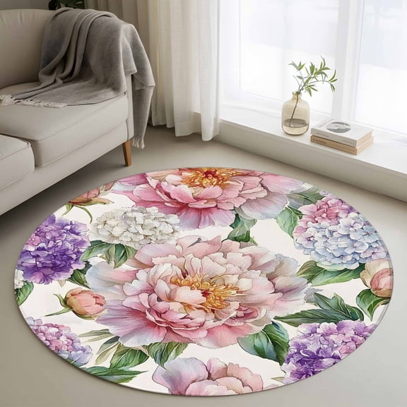 Round Rugs 4Ft, Pink Purple Hydrangea Round Area Rug Washable Indoor Throw Carpet, Spring Pastoral Flowers Soft Non Slip Circle Rug for Kitchen Nursery Room Home Decor Aesthetic