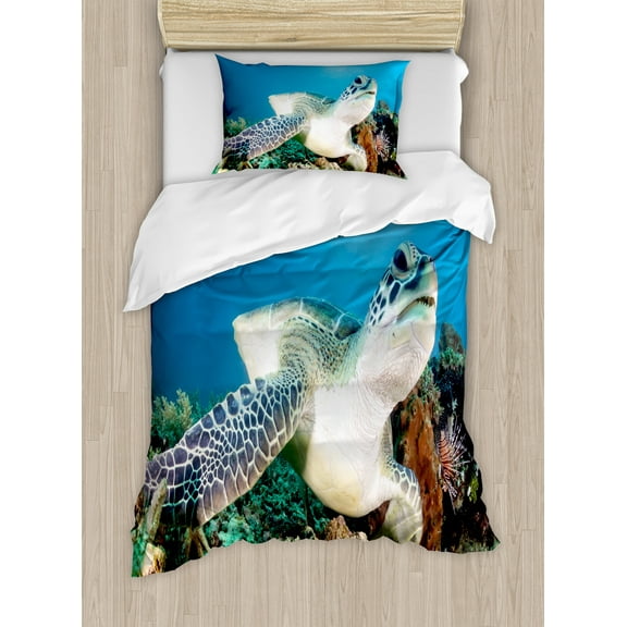 Turtle Duvet Cover Set, Photo of Green Turtle and Lion Fish on Tropical Coral Reef Chelonia Snorkeling, Decorative 2 Piece Bedding Set with 1 Pillow Shams, Twin Size, Blue Green White, by Ambesonne