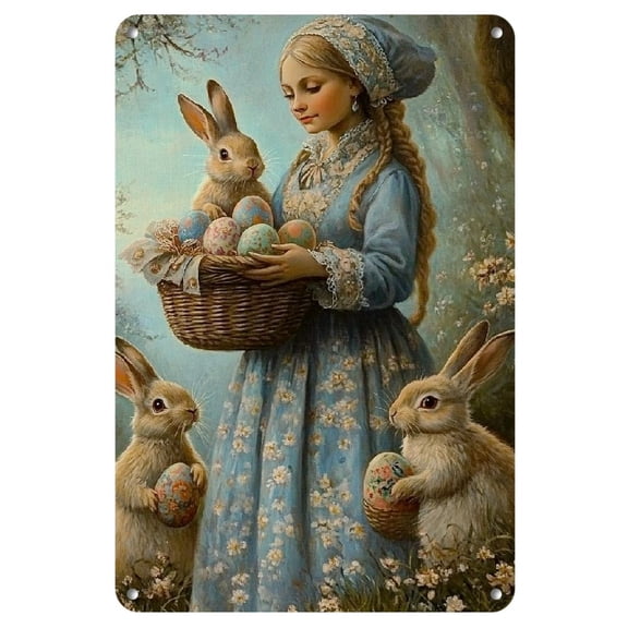 Vintage Easter Bunny Family Tin Sign: Iron Wall Plaque (8x12Inch/20*30cm)