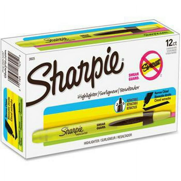 Sharpie Retractable Highlighters, Fluorescent Yellow Ink, Chisel Tip, Yellow/Black Barrel, Dozen (28025)
