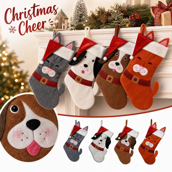 Cute Cat Dog Christmas Stockings with Santa Hat 17.7 Inch Large Velvet Pet Hanging Stocking with Plush Cuff Xmas Fireplace Stockings for Christmas Tree Mantel Gifts for Pets Family (Gray)