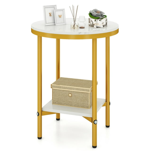 Gymax Table d'Appoint Ronde à 2 Niveaux de 16 Pieds' avec Tablette de Rangement, Cadre en Métal Doré pour Salon
