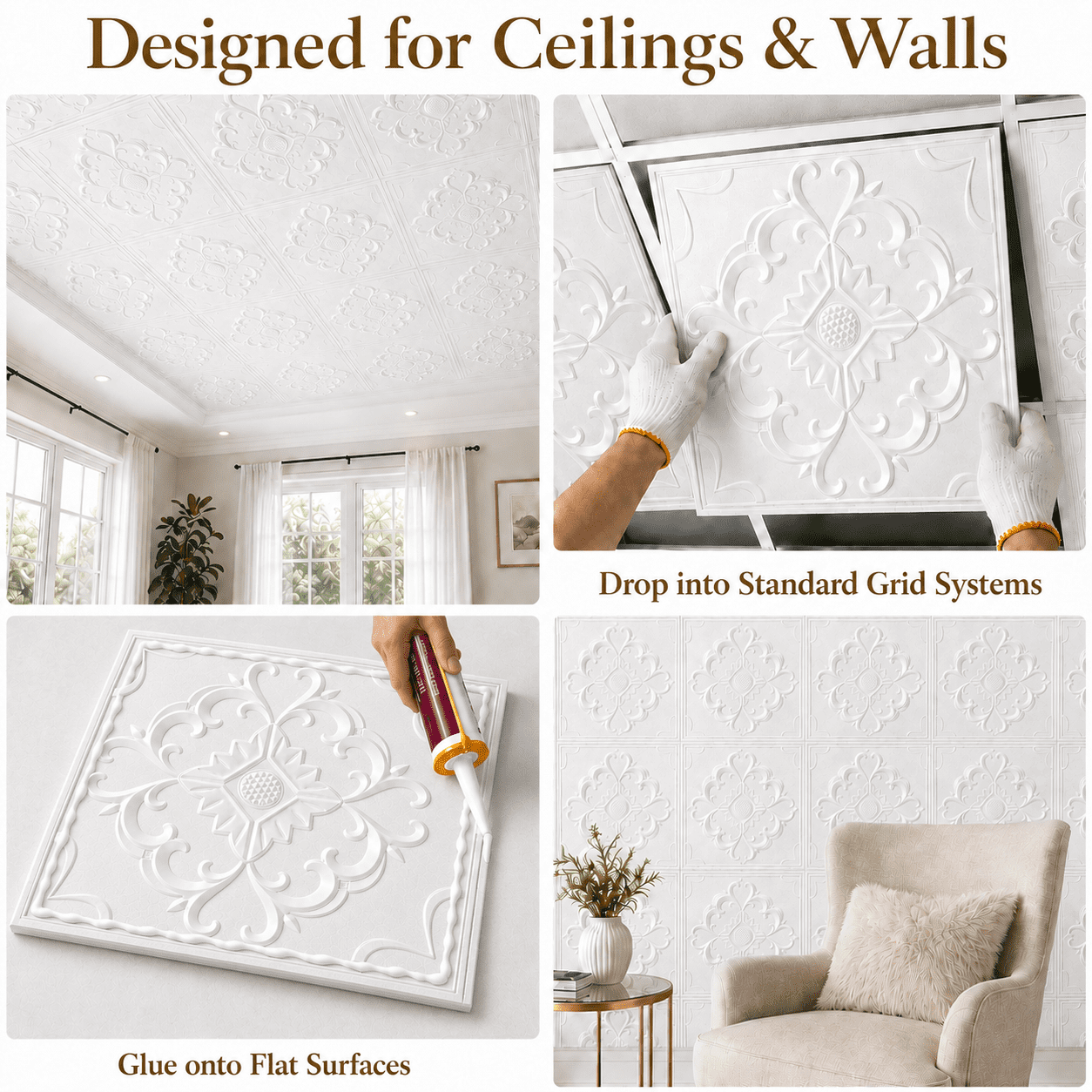 YESLIFE 12-Pack 2' x 2' White PVC Ceiling Tiles, 3D Embossed Waterproof Drop Ceiling Panels, Glue-Up Wall & Ceiling Tiles, 48 Sq. Ft.