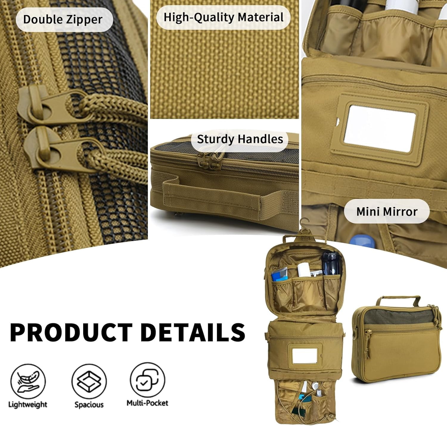 Travel Hanging Toiletry Bags,Tactical Toiletry Bag for Men,Bathroom Essentials Men's Toiletry Bag for Camping,Toiletries Organizer Dopp Kit, Travel Cosmetic Bag,Shaving Hygiene Bag-Khaki