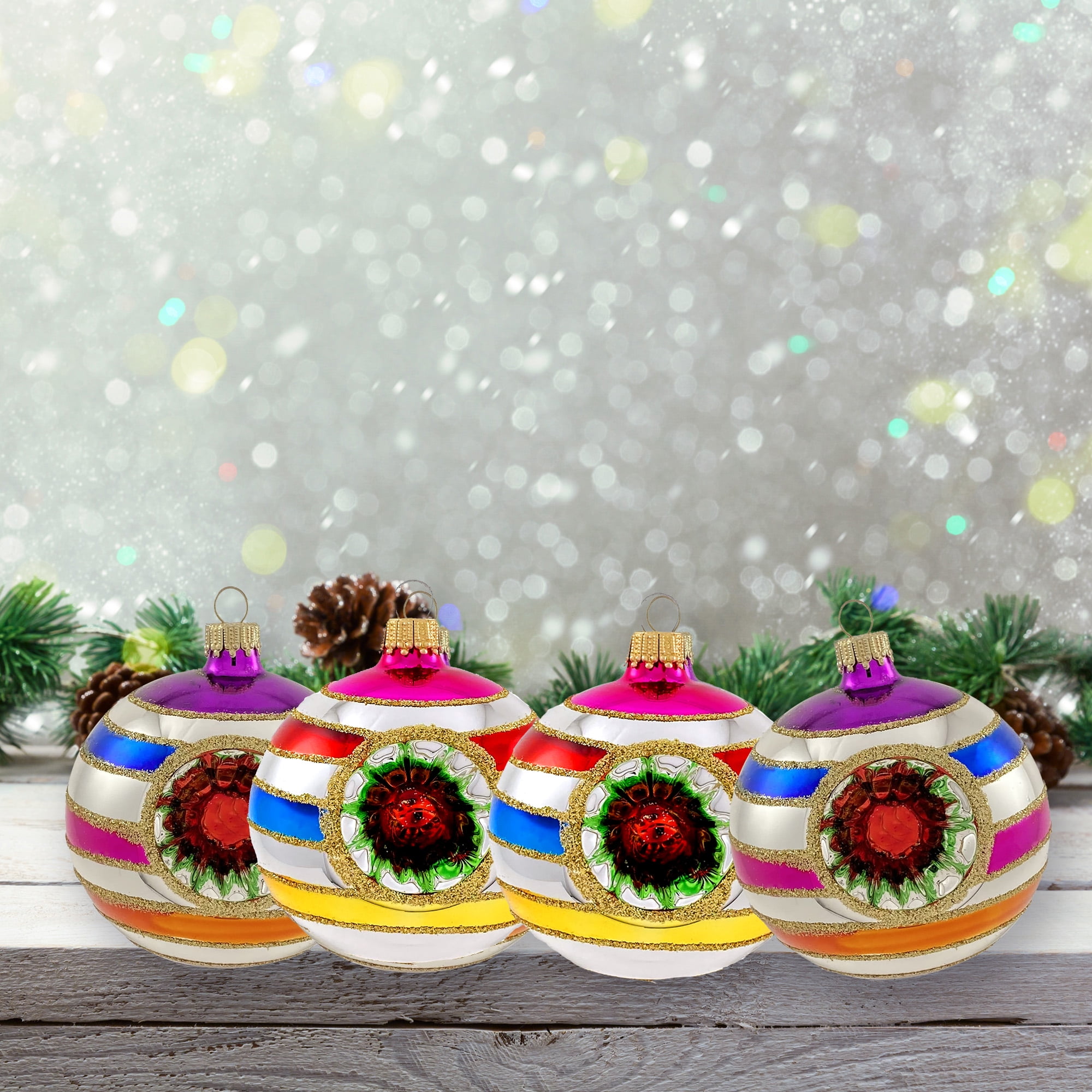Glass Christmas Tree Ornaments - 67mm/2.63" [4 Pieces] Decorated Balls from Christmas by Krebs Seamless Hanging Holiday Decor (Bright Silver Reflector with Multicolor Lines)