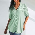 thumbnail image 2 of JWZUY Womens Lace Crochet V Neck 3/4 Sleeve Button Down Ruched Shirt Casual T Shirts Blouses Pullover Tops Green XL, 2 of 6