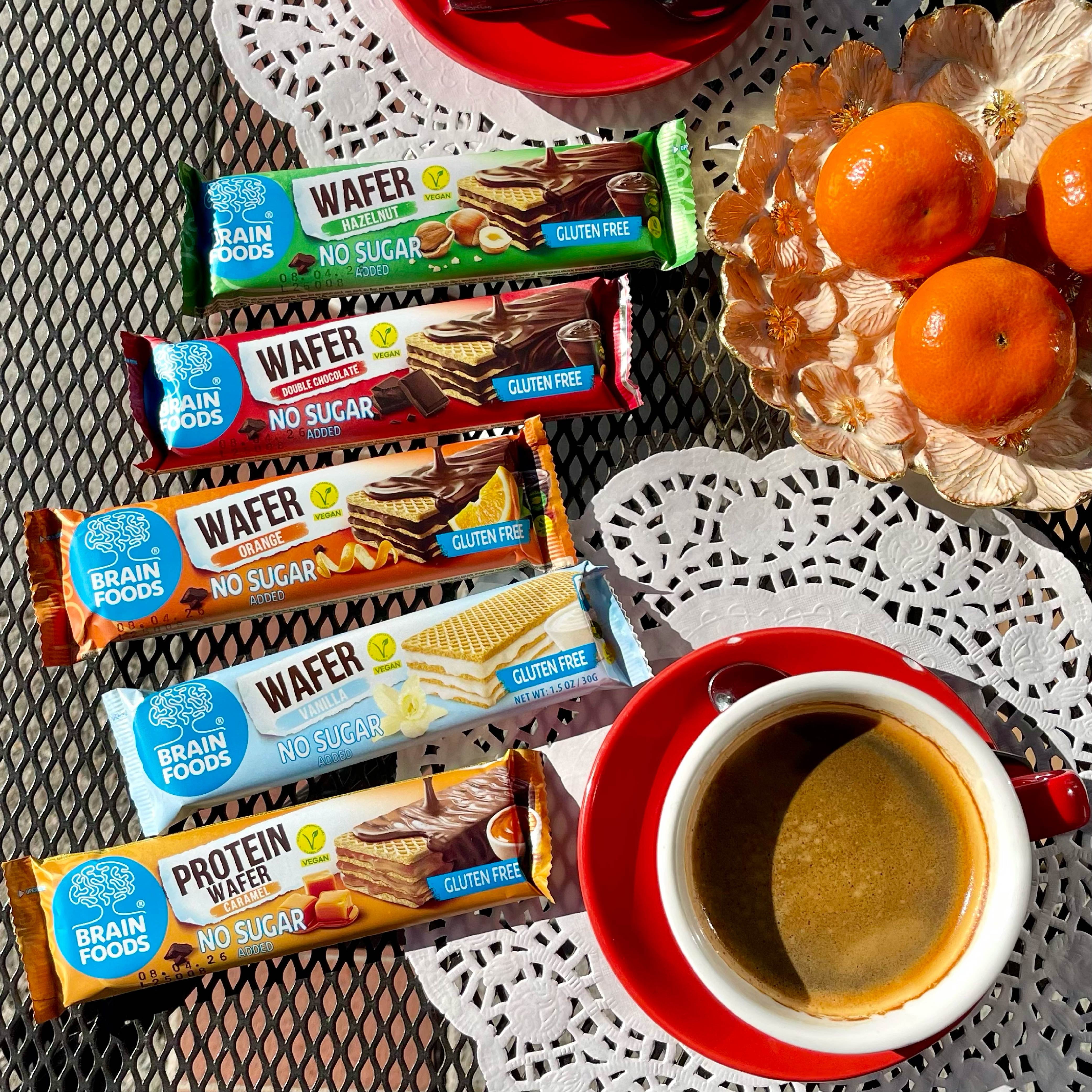 BRAIN FOODS Gluten Free Vegan Vanilla Wafers - 12 Bars, No Sugar Added, High Fiber, No Palm Oil, 1.05oz, 120 Calories, Guilt Free Snack, Natural Vanilla Flavor