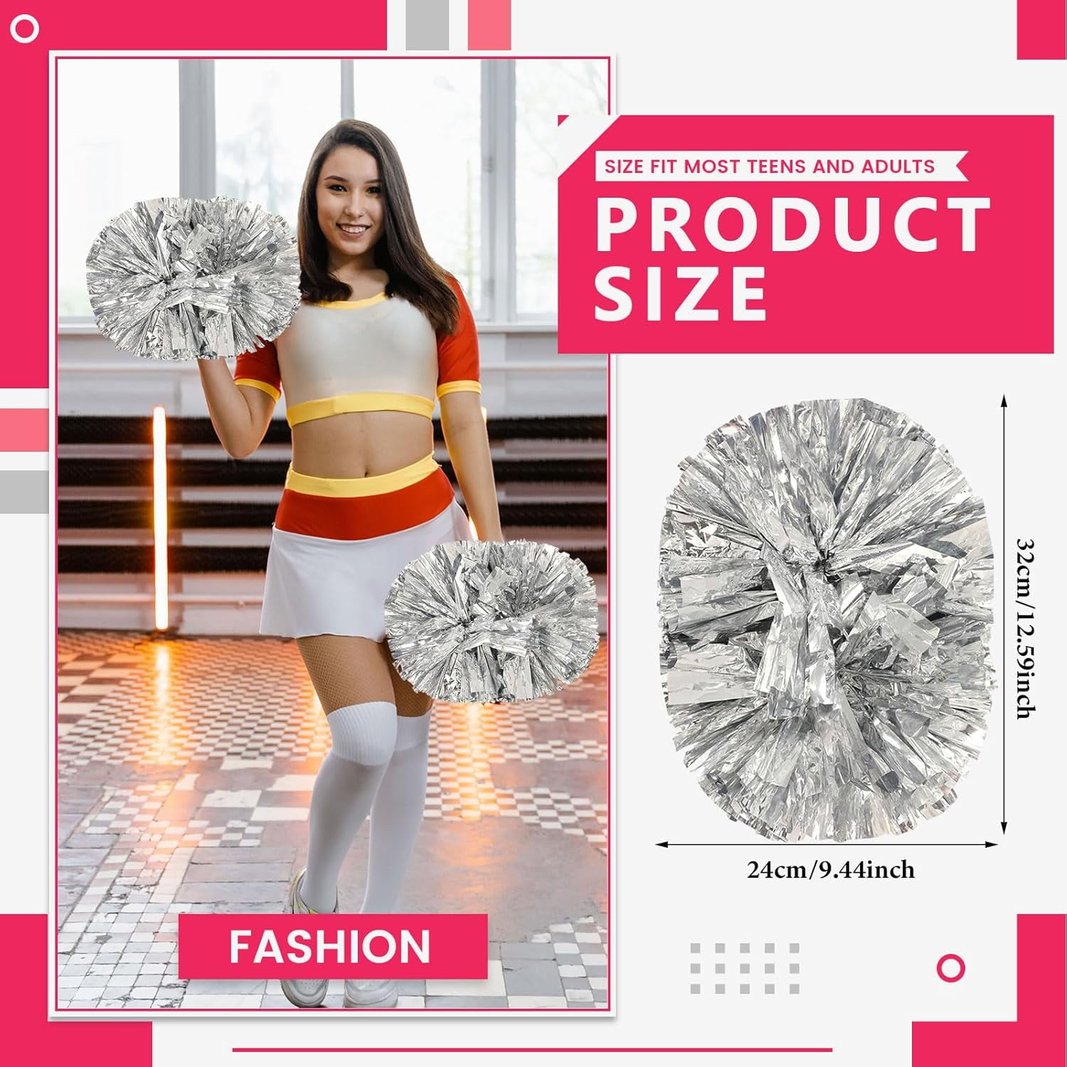 Cheerleader Pom Poms 24 Pack Sports Dance Cheering Plastic Metallic Cheerleading Pom Poms for Kids Adults.