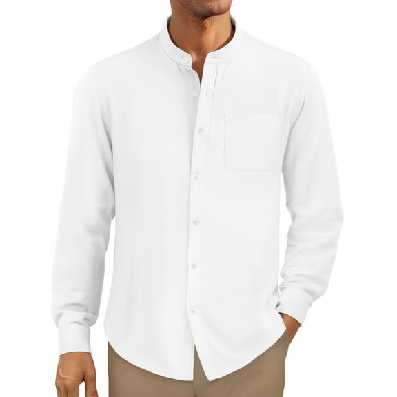 OALUXE Men's Linen Shirts Long Sleeve Button Down Shirt Band Collar Casual Summer Beach Shirts