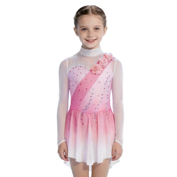 TTAO Figure Ice Skating Dress for Girls Sparkly Diamond Long Sleeve Gymnastic Leotard Lyrical Ballet Dance Dress Dancewear Pink 8