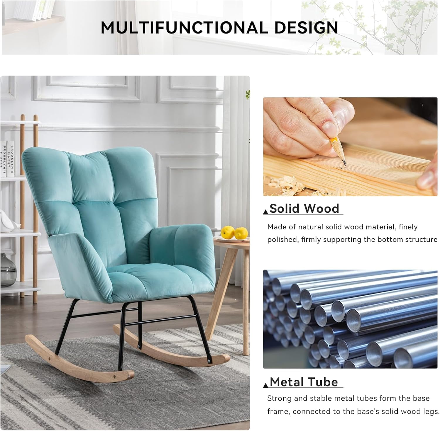 Rocking Chair Nursery Teddy Upholstered Glider Rocker High Backrest Nursery Rocker Comfortable Stylish Accent Armchair for Living Rooms Bedrooms Offices