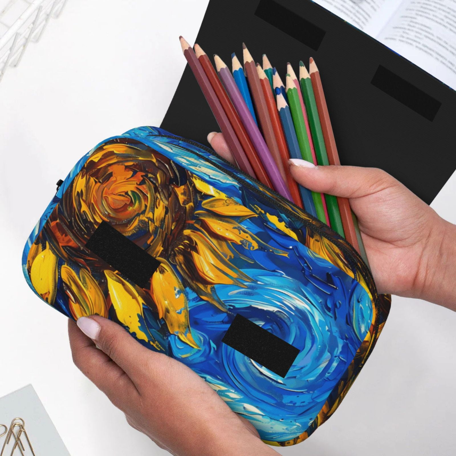 Rateoe Sunflower Starry Night Vibes Pattern Double Clamshell Pen Case, Storage Organizer with Two Zipper Compartments– Holds Up to 50 Pencils & Pens