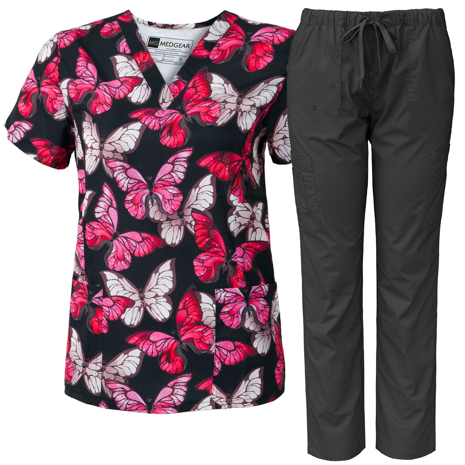 Medgear Women Scrubs V-neck Print Top and Multi-pocket Scrubs Pants Combo