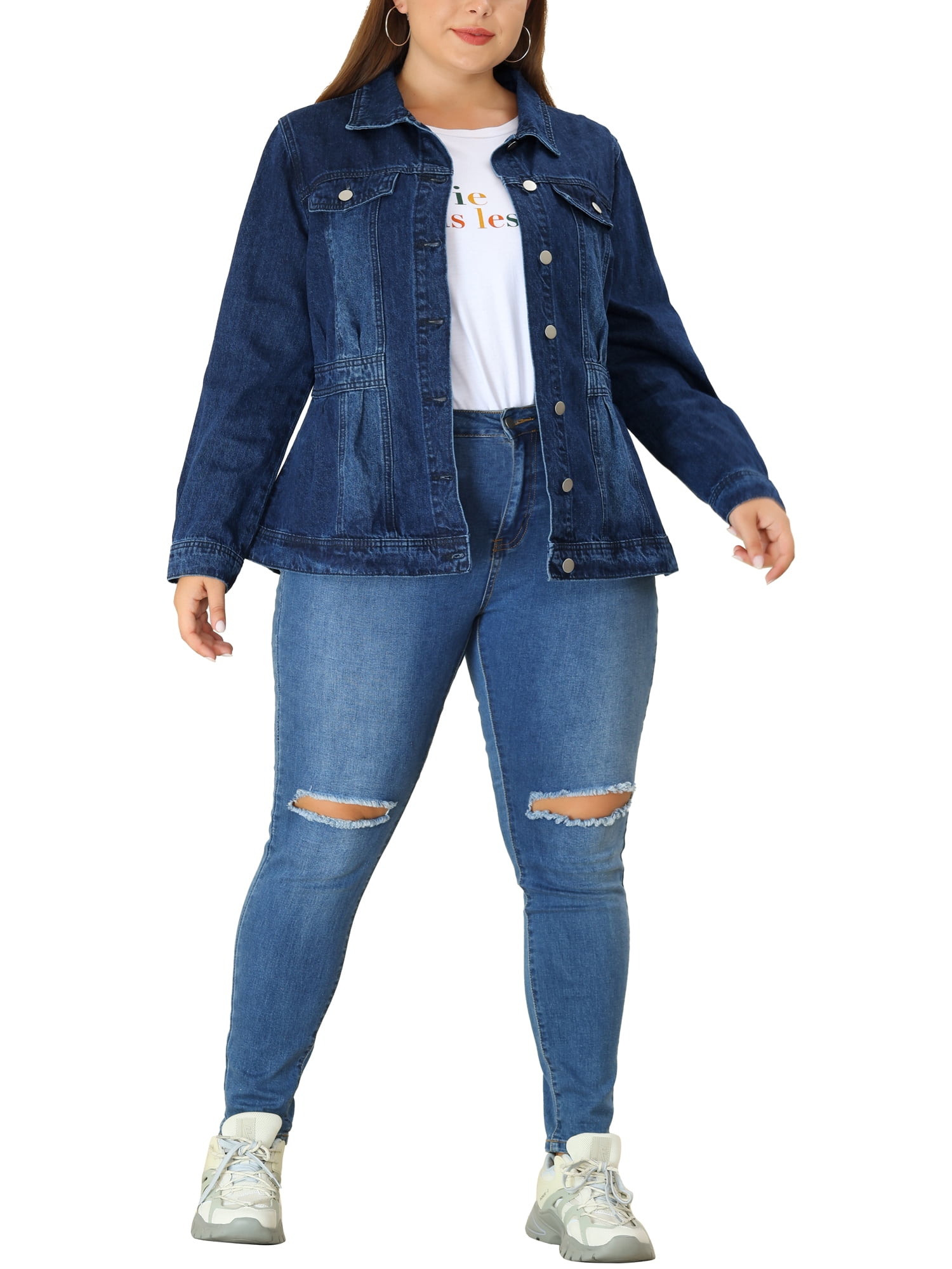 DARING DIVA Women's Plus Size Button Washed Front Loose Jean Jacket 6X Dark Blue