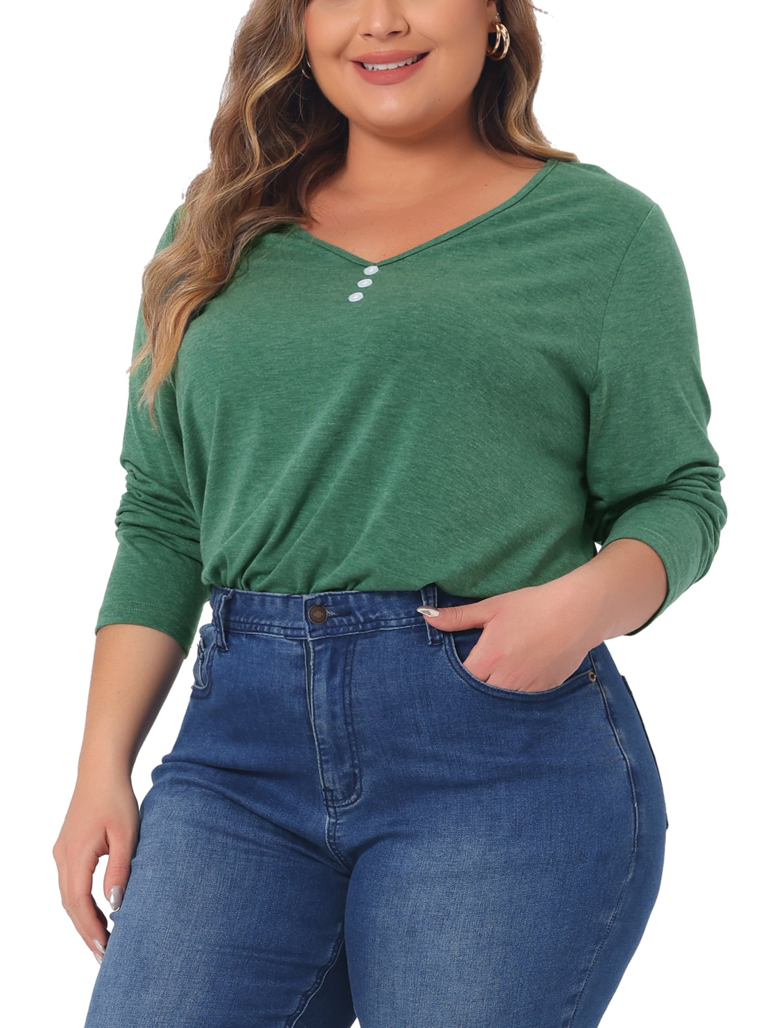 DARING DIVA Women's Plus Tshirt Casual Tops Button Front Long Sleeve Tee Top 4X Green