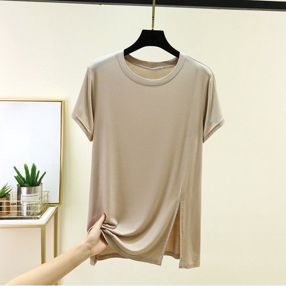 ClodeEU Women's Crew Neck Short Sleeve T Shirt with Side Slit,Casual Solid Color Summer Blouse Beige,Women's Plus L