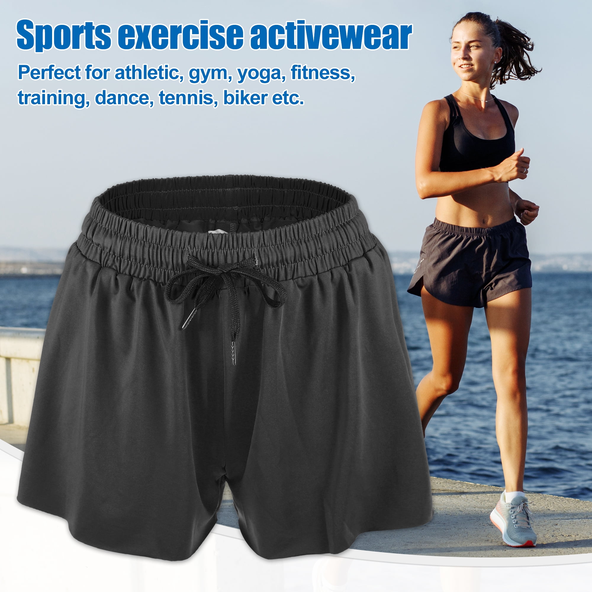 Unique Bargains 1Pcs Women Flowy Running Shorts Casual High Waisted Workout Shorts L Black