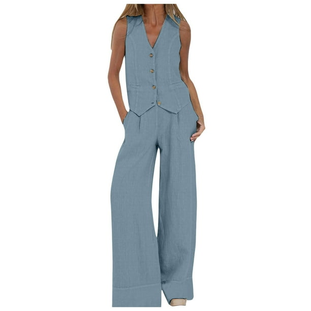 Conjunto de chaleco sin mangas con botones de algodón para mujer: pantalones anchos con bolsillos, mezcla de poliéster, atuendo informal de negocios