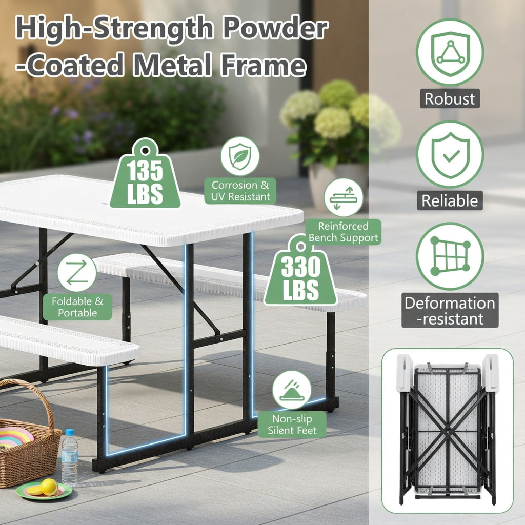 Hommoo Outdoor Picnic Table and Bench Set for 2-4 People, Rectangular HDPE Dining Table with Metal Frame, Weather-Resistant & Easy-Clean Design, White